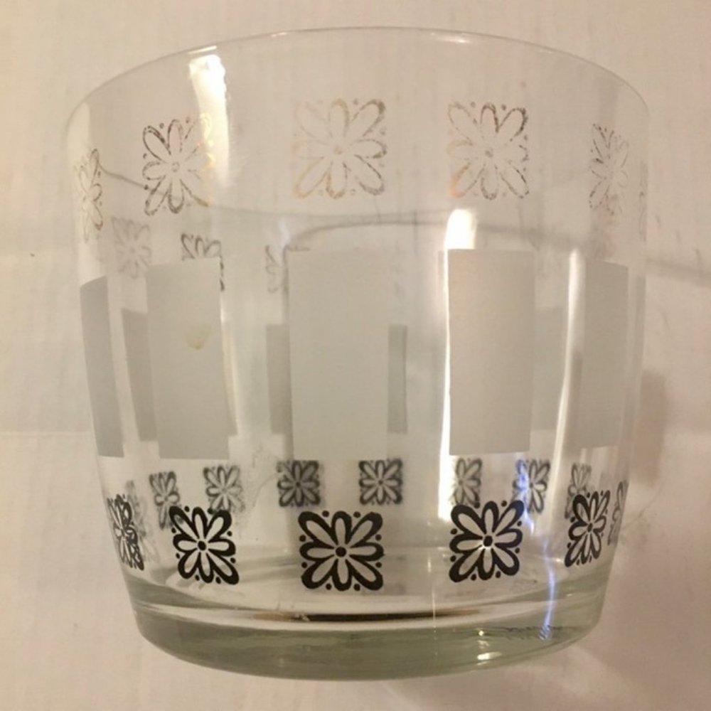 Lancaster Colony Mid-Century Ice Bowl or Bucket Clear Glass Gold Black Daisies